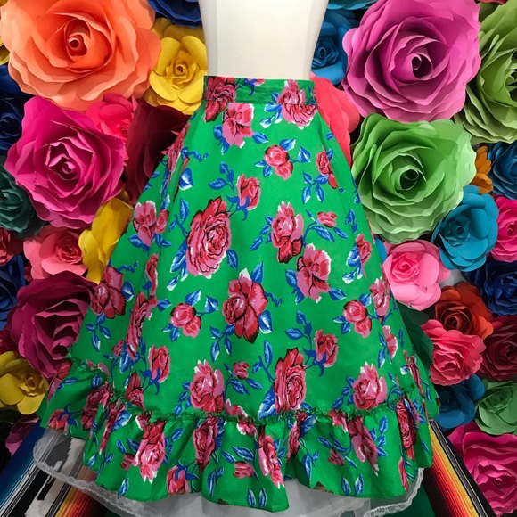 Mexican skirt Jalisco green flowery 27” for 5 Mayo, Mexican party, Halloween day - Picture 3 of 5